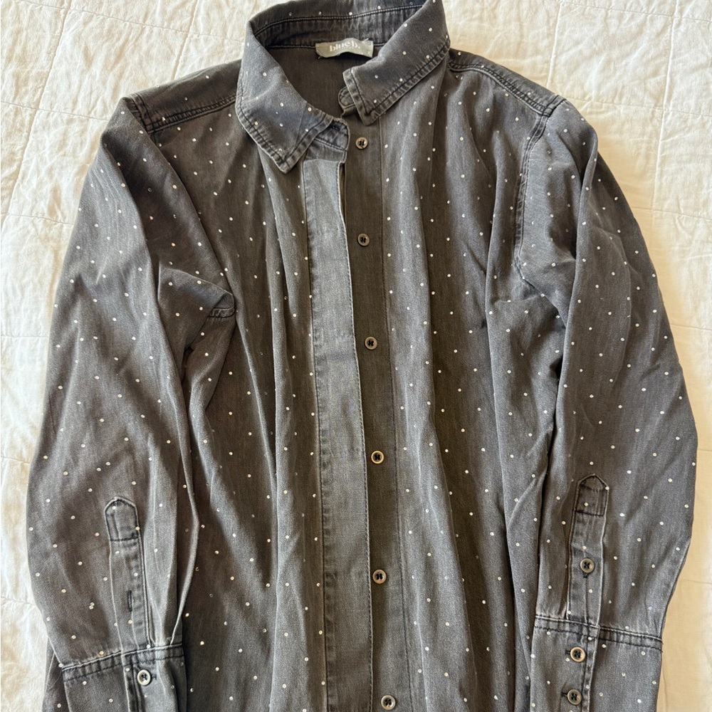 Blue Collection Sparkle Dot Cotton Button-Down Shirt – Soft Denim Feel – Size S